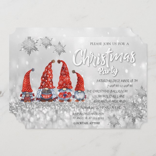Red Cute Gnomes Bokeh Corporate Christmas Party  Invitation (Front/Back)