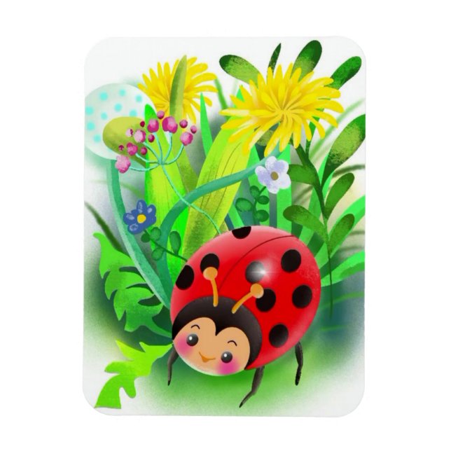 red, cute ladybug on a background of grass and flo magnet (Vertical)