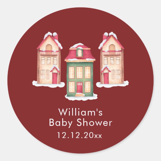 Red Cute Snow Gingerbread Village Baby Shower  Classic Round Sticker (Front)