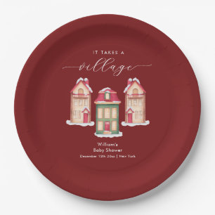 Red Cute Snow Gingerbread Village Baby Shower  Paper Plate