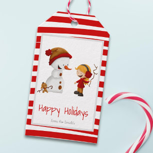Red Cute Snowman and Girl Playing Holiday Family Gift Tags