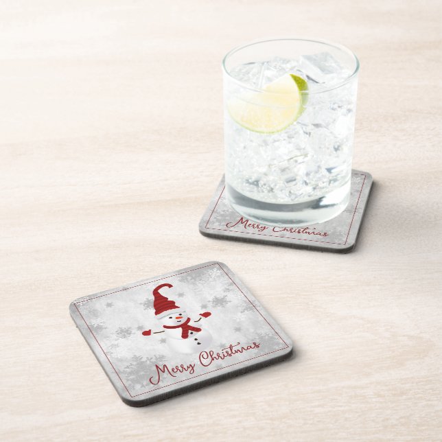 Red Cute Snowman Beverage Coaster (Right Side)