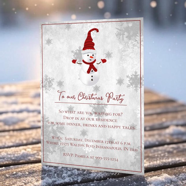 Red Cute Snowman Christmas Party Invitation (Red Cute Snowman Christmas Party Invitation)