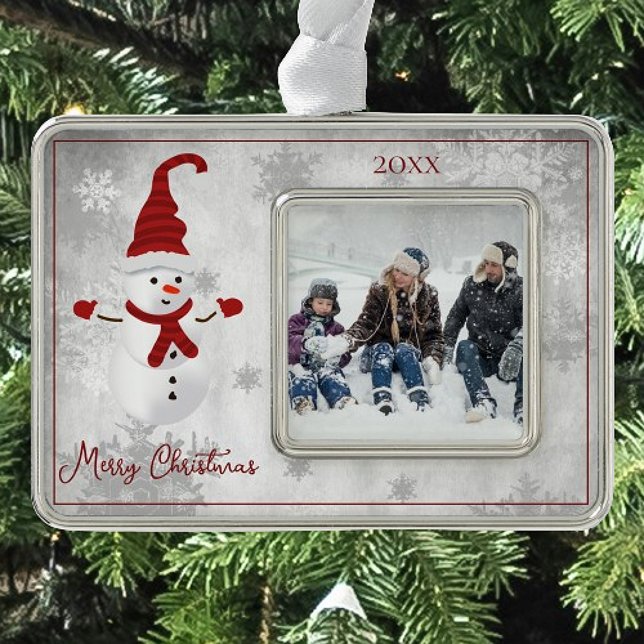 Red Cute Snowman Holiday Photo Silver Plated Framed Ornament (Red Cute Snowman Holiday Ornament)