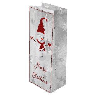 Red Cute Snowman Holiday Wine Gift Bag