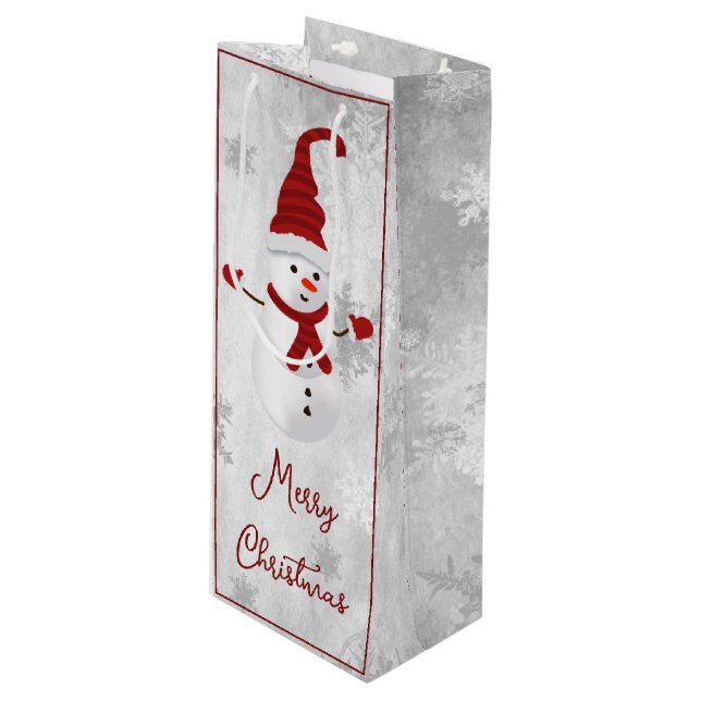 Red Cute Snowman Holiday Wine Gift Bag (Front Angled)