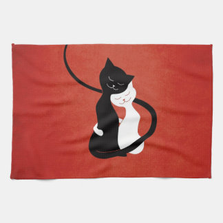 Red Cute White And Black Cats In Love Tea Towel