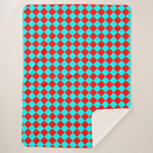 Red Cyan Chequered Diamond Pattern Sherpa Blanket