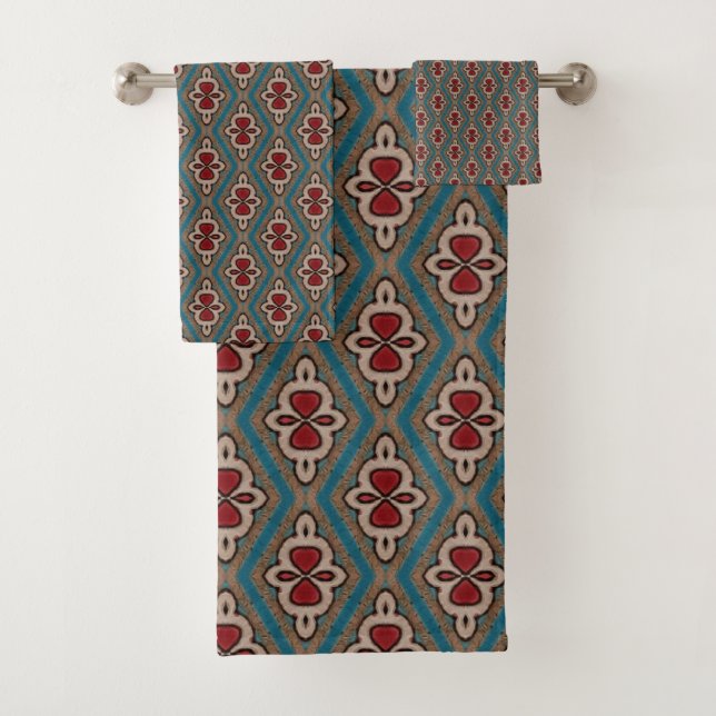 Red Cyan Copper Azulejos Tile Elegance Name Bath Towel Set (Insitu)