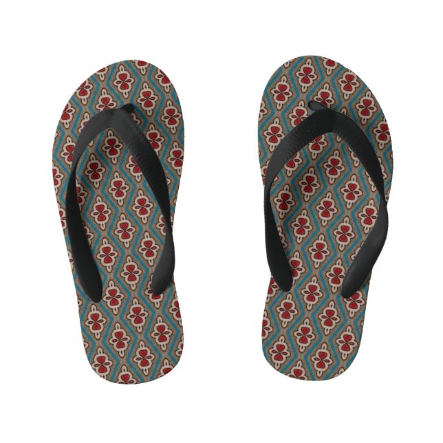 Red Cyan Copper Azulejos Tile Elegance Name Kid's Flip Flops (Footbed)