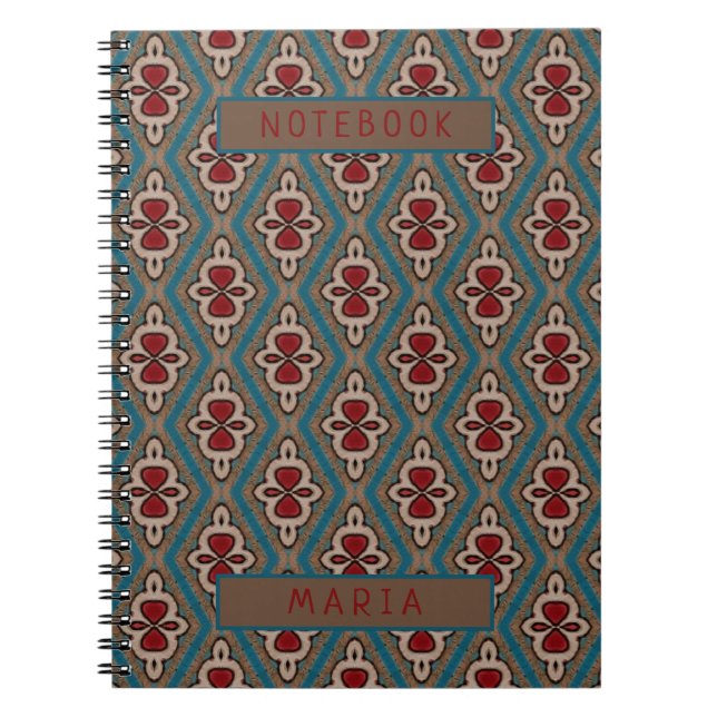 Red Cyan Copper Azulejos Tile Elegance Name Notebook (Front)
