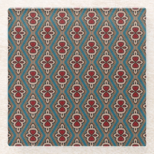 Red Cyan Copper Azulejos Tile Pattern Elegance Glass Coaster (Front)