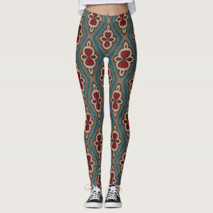 Red Cyan Copper Azulejos Tile Pattern Elegance Leggings