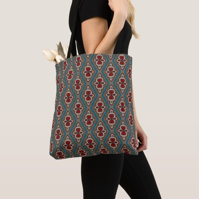 Red Cyan Copper Azulejos Tile Pattern Elegance Tote Bag (Close Up)