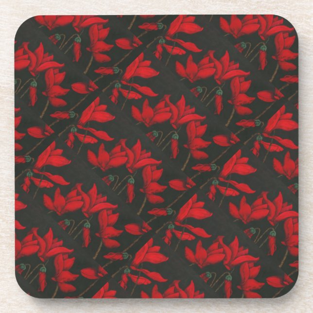 "Red Cyclaman Tiled Pattern" Floral Coaster Set (Front)