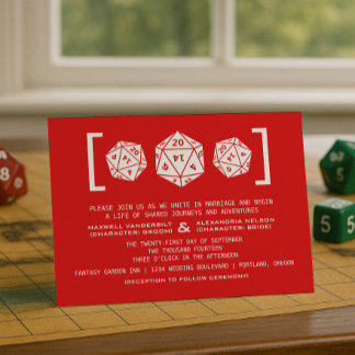 Red D20 Dice Gamer Wedding Invitation