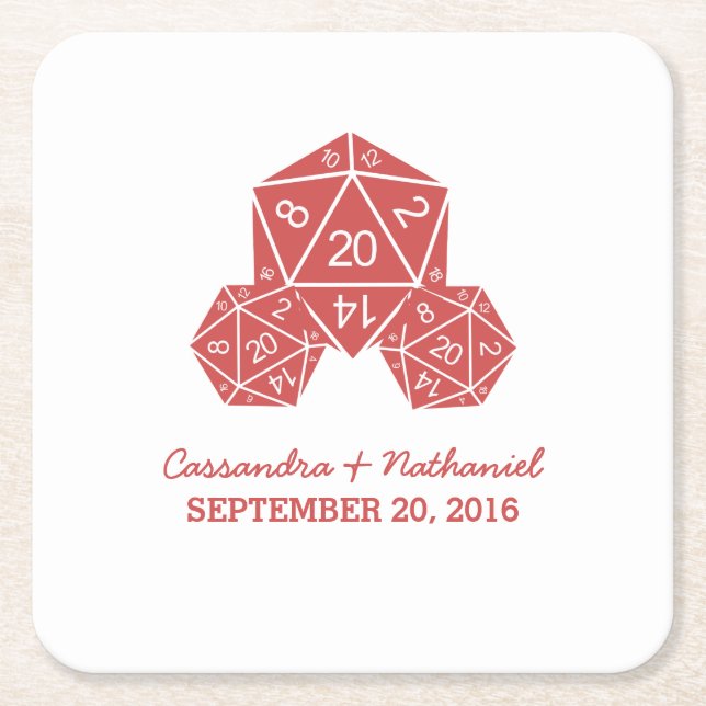 Red D20 Dice Wedding Paper Coasters (Front)