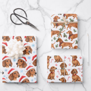 Red Dachshund Christmas Patterns Wrapping Paper Sheet