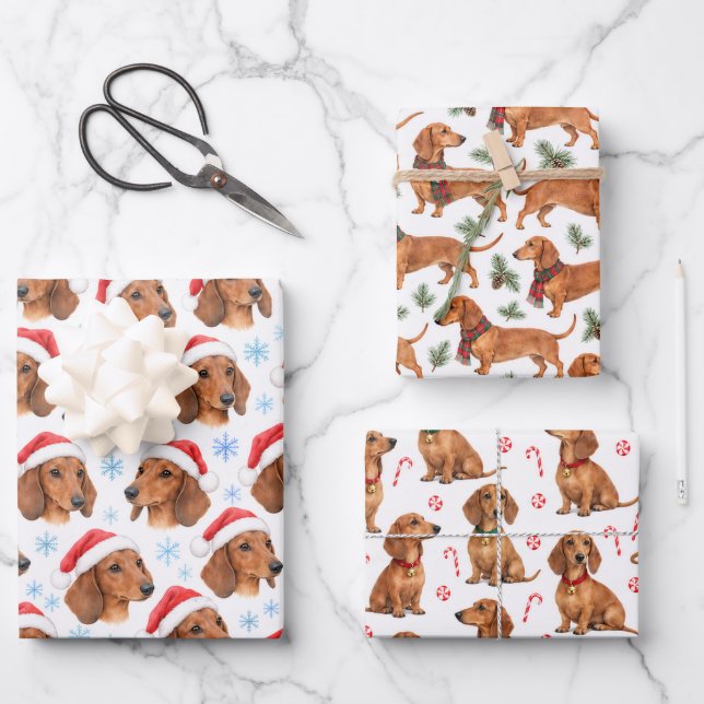 Red Dachshund Christmas Patterns Wrapping Paper Sheet (Front)