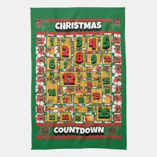 Red Dachshund Dog Countdown Christmas Advent Tea Towel (Vertical)