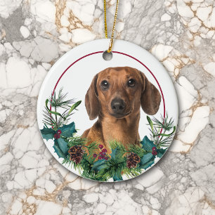 Red Dachshund Dog Evergreen Wreath Ceramic Tree Decoration