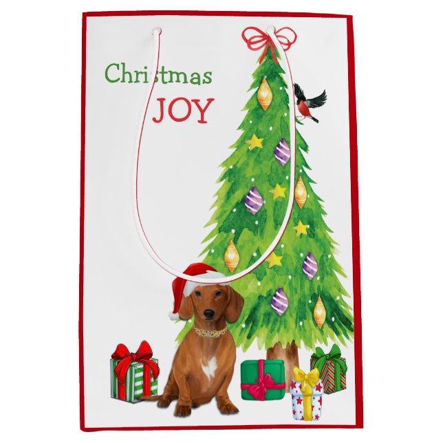 Red Dachshund Dog Santa Hat and Christmas Tree  Medium Gift Bag (Front)