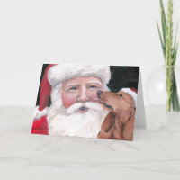 Red Dachshund Kissing Santa Claus Dog Art Greeting