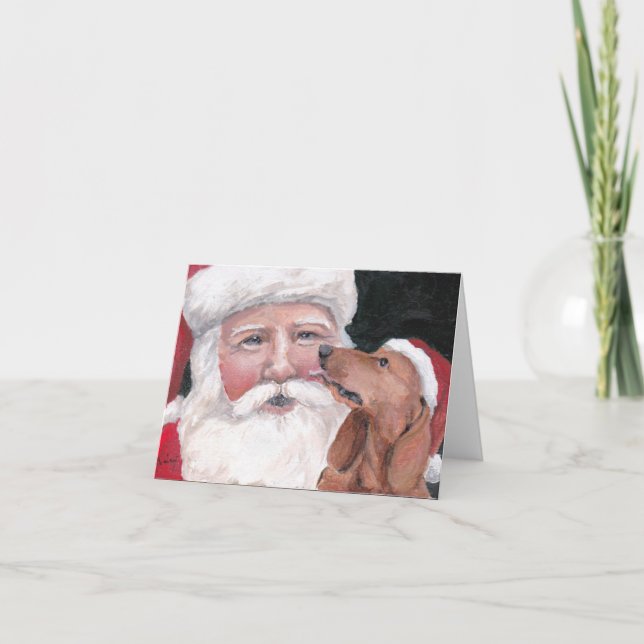 Red Dachshund Kissing Santa Claus Dog Art Note Car Holiday Card (Front)