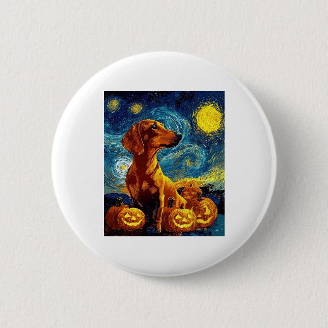 Red Dachshund of van gogh starry night halloween F 6 Cm Round Badge (Front)