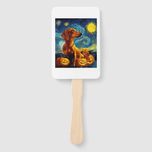 Red Dachshund of van gogh starry night halloween F Hand Fan