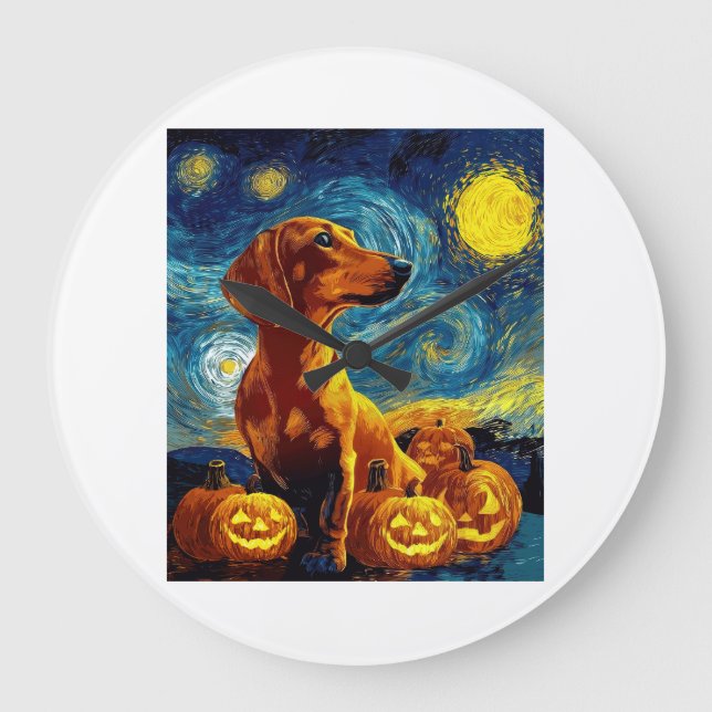Red Dachshund of van gogh starry night halloween F Large Clock (Front)