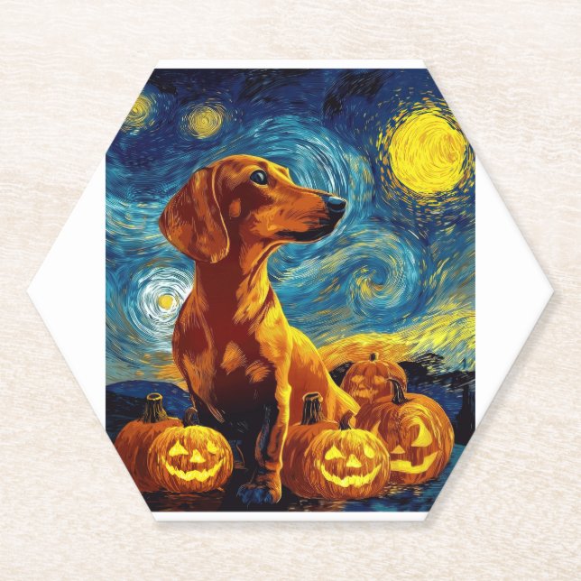 Red Dachshund of van gogh starry night halloween F Paper Coaster (Front)