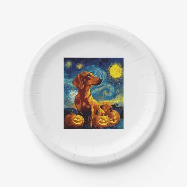 Red Dachshund of van gogh starry night halloween F Paper Plate (Front)