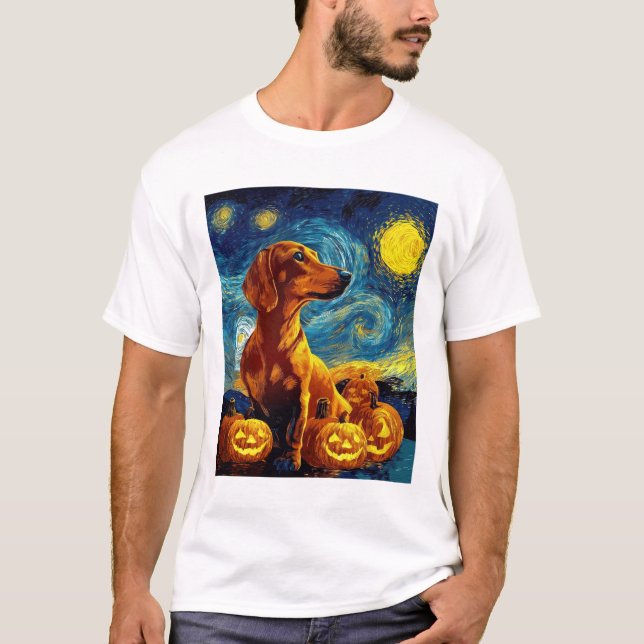 Red Dachshund of van gogh starry night halloween F T-Shirt (Front)