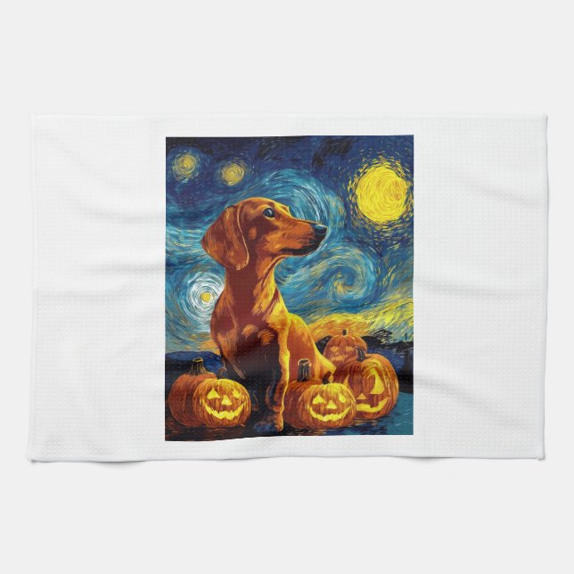 Red Dachshund of van gogh starry night halloween F Tea Towel (Horizontal)