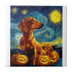 Red Dachshund of van gogh starry night halloween F Tile