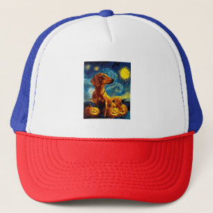 Red Dachshund of van gogh starry night halloween F Trucker Hat