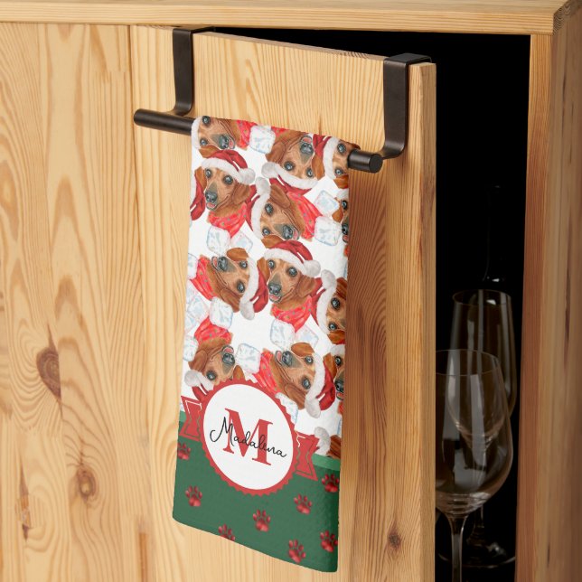 Red Dachshund Pattern Monogram Christmas Dog Tea Towel (Thirds Fold)
