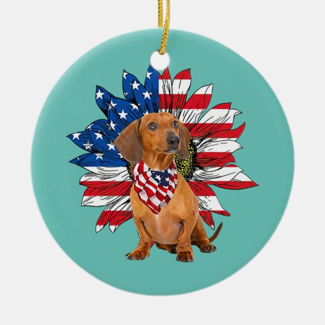 Red Dachshund Sunflower American Flag Ceramic Tree Decoration (Front)