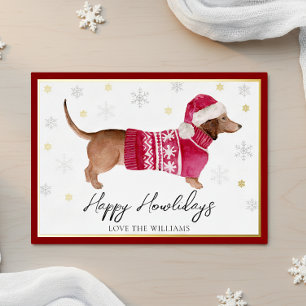 Red Dachshund Wiener Dog Happy Howliday Watercolor Foil Holiday Card