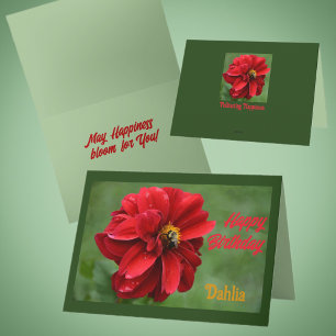 Red Dahlia and Bumblebee Floral Birthday Card