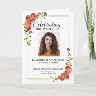 Red Dahlia Butterfly Celebration of Life Program Card