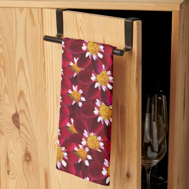 Red Dahlia Flower Floral Tea Towel (Thirds Fold)