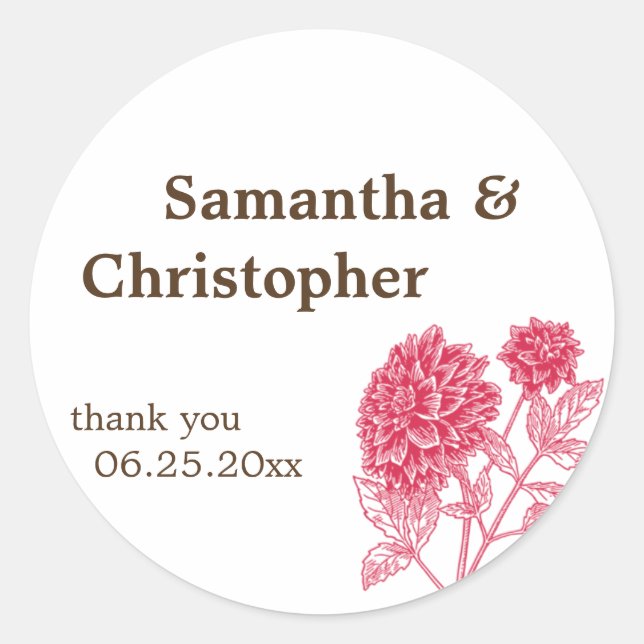 Red dahlia flower wedding favour tag seal label (Front)