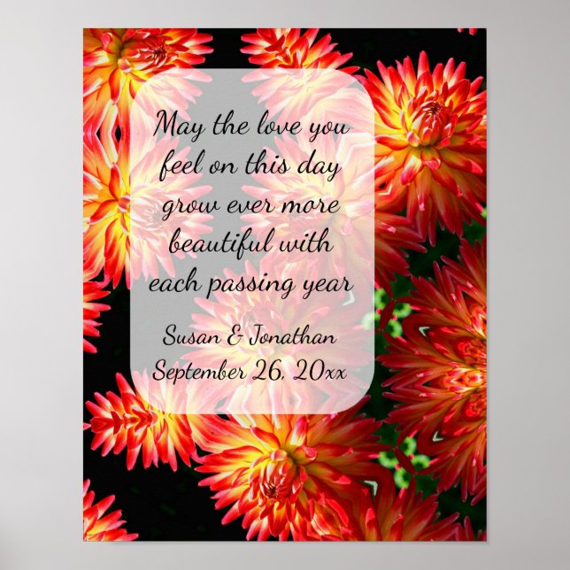 Red Dahlia Flowers Personalised Wedding  Poster (Front)