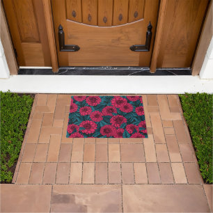 Red Dahlia garden/blue leaves Doormat