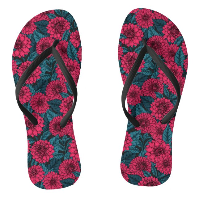 Red Dahlia garden/blue leaves Flip Flops (Footbed)