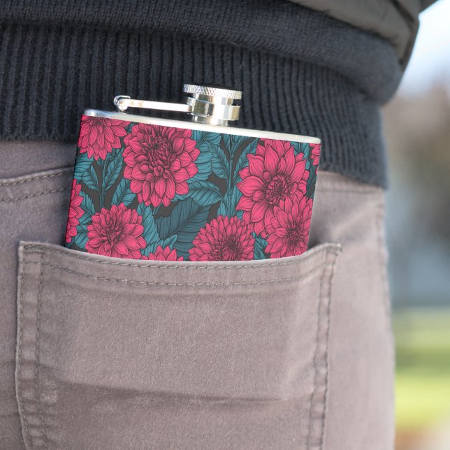 Red Dahlia garden/blue leaves Hip Flask (In Situ)
