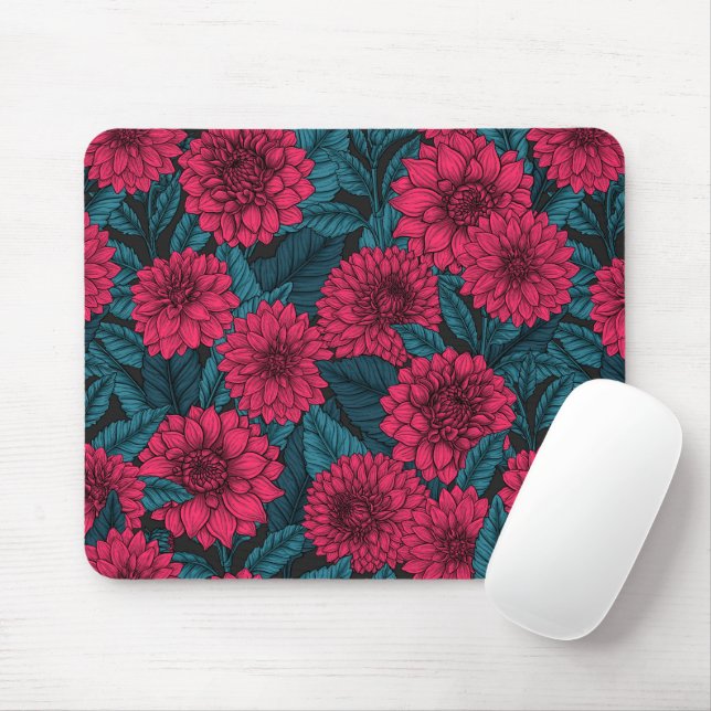 Red Dahlia garden/blue leaves Mouse Mat (With Mouse)