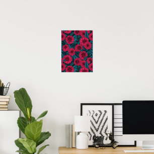Red Dahlia garden/blue leaves Poster